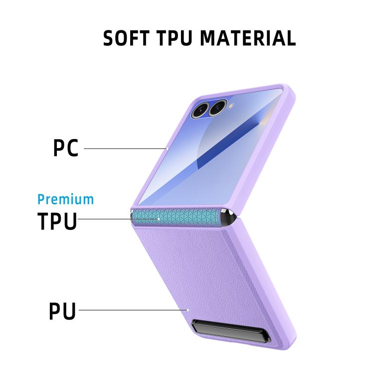 Funda para Samsung Galaxy Z Flip7 5G con soporte invisible integrado y textura de lichi (negro trigo)