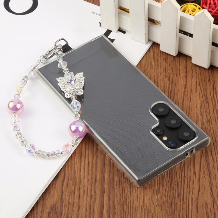 Correa universal para teléfono con dije de mariposa de diamante y cuentas de cristal antipérdida (rosa)