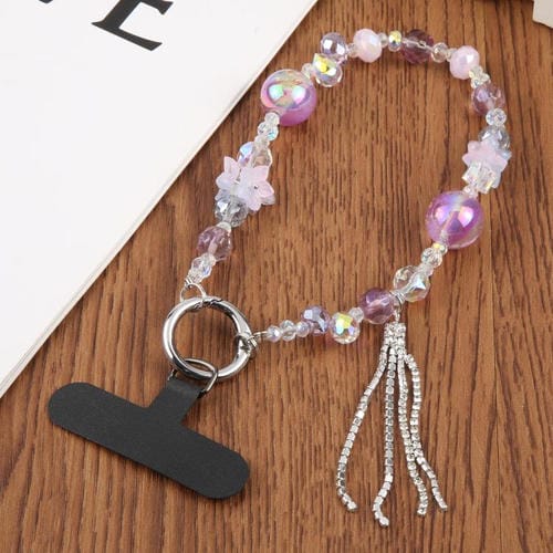 Cadena de cuentas de lámina dorada, correa universal antipérdida para teléfono con cuentas de cristal (morado)