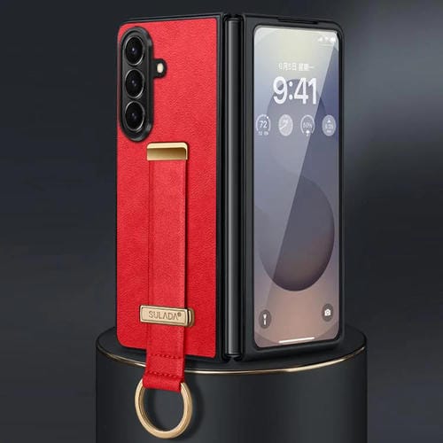 Funda híbrida de cuero SULADA para Samsung Galaxy Z Fold7 5G, con textura de piel sintética, a prueba de golpes (roja)