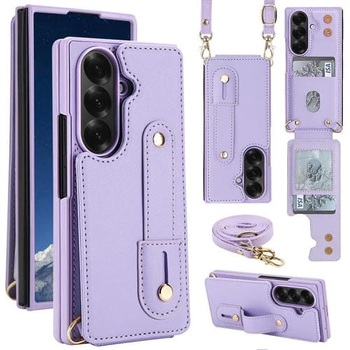 Funda tipo cartera con tapa vertical y correa para Samsung Galaxy Z Fold7 5G, con cordón largo (morado)