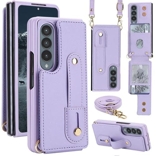 Funda tipo cartera con tapa vertical y correa para Samsung Galaxy Z Fold4 5G, con cordón largo (morado)
