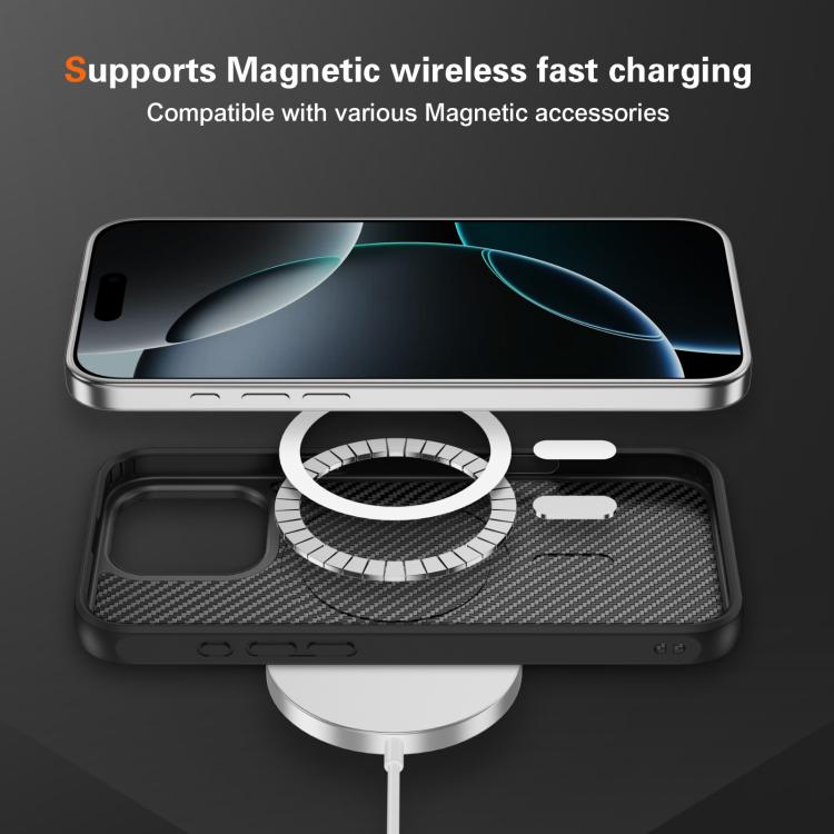Funda MagSafe con textura de fibra de carbono y tacto suave para iPhone 16 Pro (negra)
