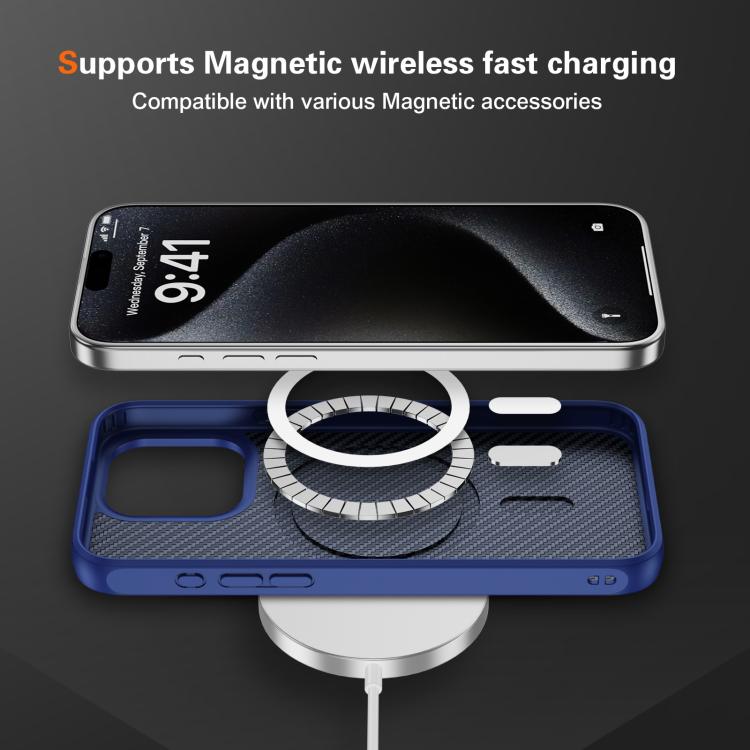 Funda MagSafe con textura de fibra de carbono y tacto suave para iPhone 15 Pro Max (azul)