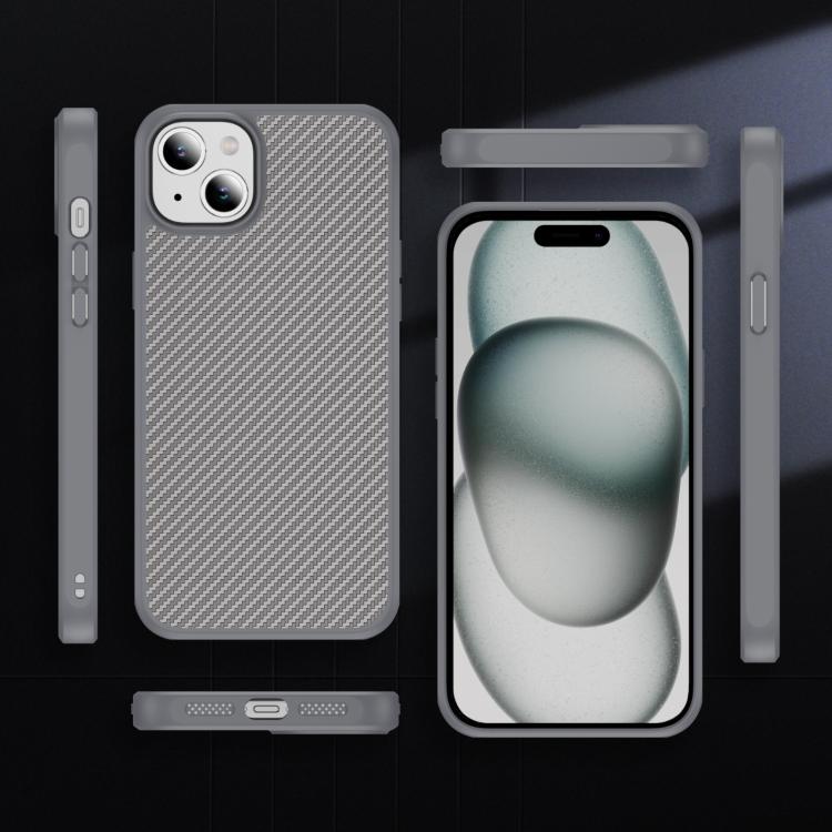 Funda MagSafe con textura de fibra de carbono y tacto suave para iPhone 15 (gris)