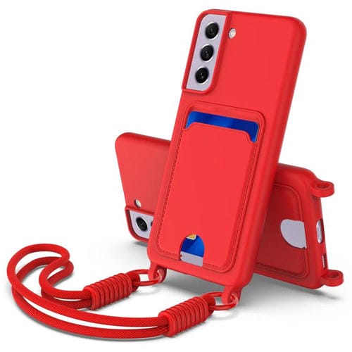 Funda de silicona líquida de color sólido para Samsung Galaxy S21 FE 5G con tarjetero integrado y cordón corto (rojo)