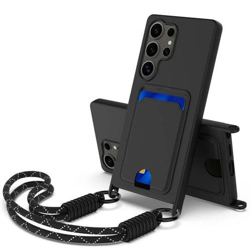 Funda de silicona líquida de color sólido con tarjetero integrado para Samsung Galaxy S24 Ultra 5G (Gen2) con cordón corto (negro)
