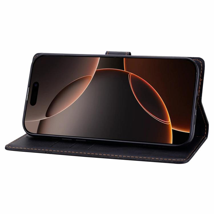 Funda de cuero con relieve a cuadros para iPhone 16 Plus (negra)