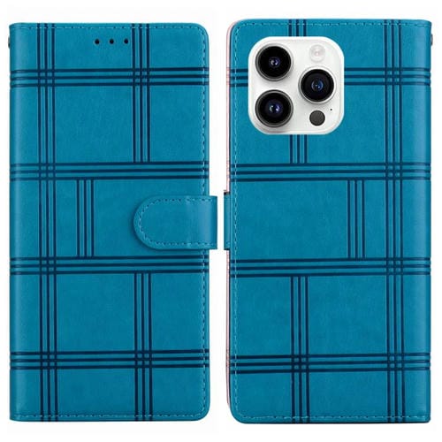 Funda de piel con relieve a cuadros para iPhone 15 Pro Max (azul)