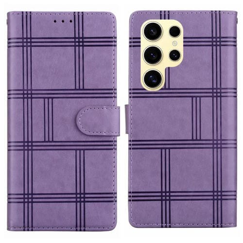 Funda de piel con relieve a cuadros para Samsung Galaxy S24 Ultra 5G (morada)
