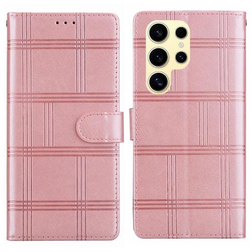 Funda de piel con relieve a cuadros para Samsung Galaxy S23 Ultra 5G (rosa)