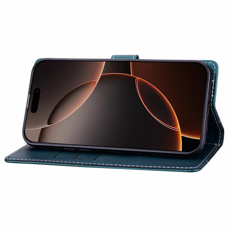 Funda de cuero bicolor con relieve para iPhone 16 Plus (negro y verde)