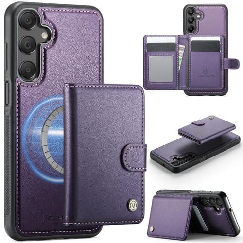 Funda de cuero con hebilla magnética para Samsung Galaxy A16 4G/5G JEEHOOD J09, con ranuras para tarjetas, estilo RFID y MagSafe (morado)