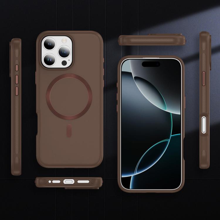 Funda híbrida de TPU y PC Magsafe con textura de CD original para iPhone 16 Pro (café)