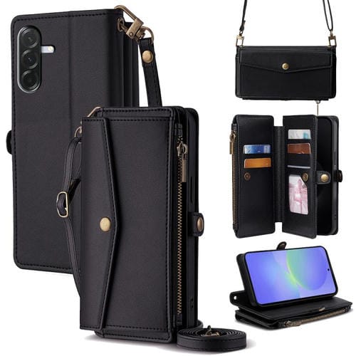 Funda de cuero con cremallera y hebilla lateral para Samsung Galaxy A36 5G (negra)