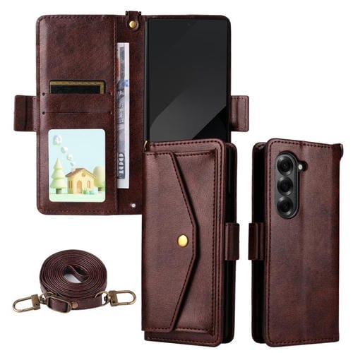 Funda de piel de vacuno cruzada con ranuras para múltiples tarjetas para Samsung Galaxy Z Fold2 5G (marrón)