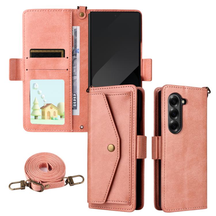 Funda de piel de vacuno cruzada con ranuras para múltiples tarjetas para Samsung Galaxy Z Fold2 5G (rosa)