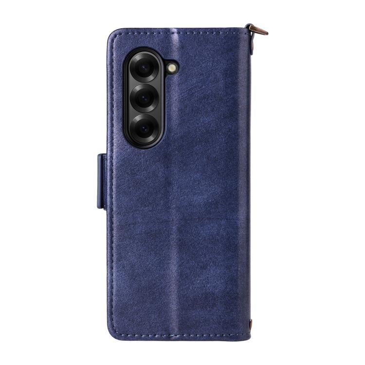 Funda de piel de vacuno cruzada con ranuras para múltiples tarjetas para Samsung Galaxy Z Fold3 5G (azul)