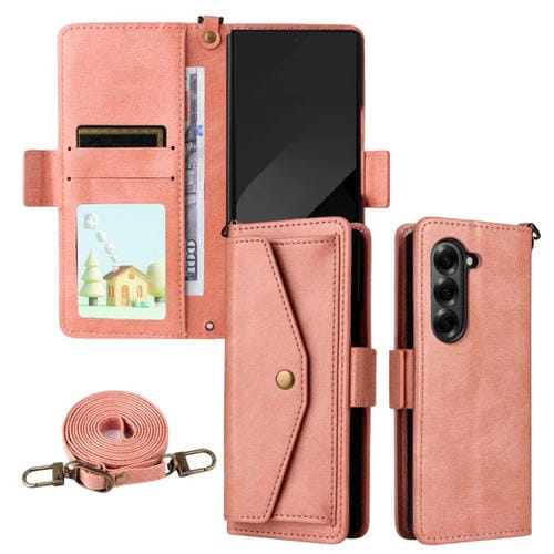 Funda de piel de vacuno cruzada con ranuras para múltiples tarjetas para Samsung Galaxy Z Fold3 5G (rosa)