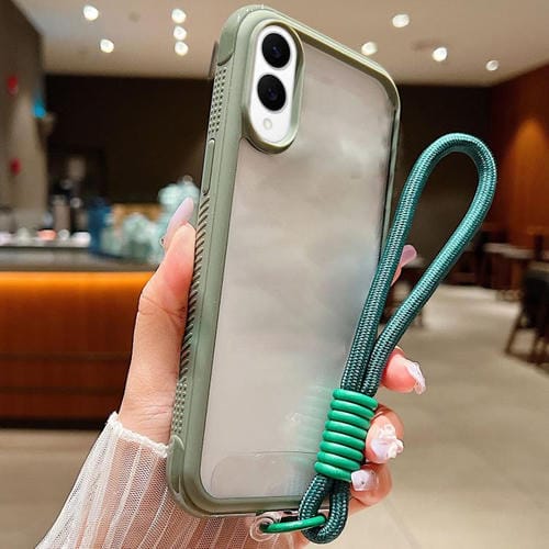 Funda de acrílico TPU transparente con borde liso y correa para la muñeca para Samsung Galaxy S25 Edge 5G (verde militar)