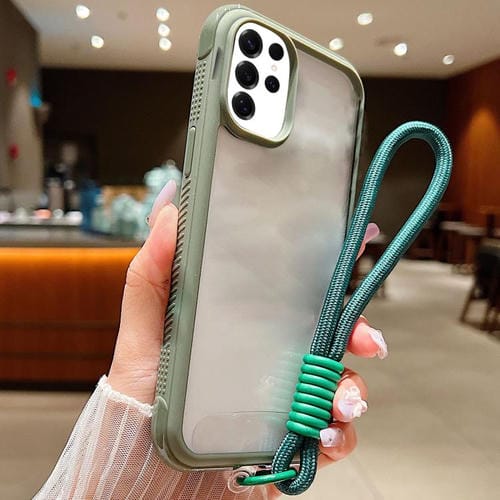 Funda de acrílico TPU transparente con borde liso y correa para la muñeca para Samsung Galaxy S25 Ultra / S24 Ultra 5G (verde militar)