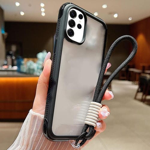 Funda de acrílico transparente de TPU con borde liso y correa para la muñeca para Samsung Galaxy S25 Ultra / S24 Ultra 5G (negro)