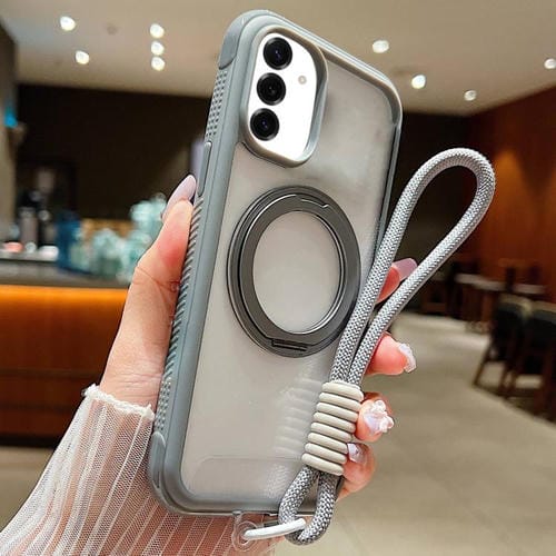Funda MagSafe para Samsung Galaxy S25/S24 5G con borde transparente, rotación y correa de muñeca (gris)