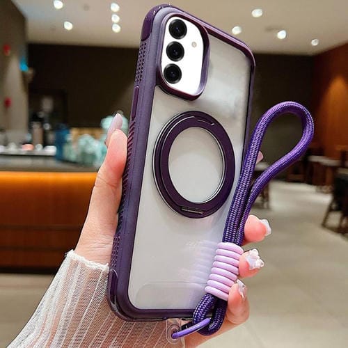 Funda MagSafe para Samsung Galaxy S25/S24 5G con borde transparente, rotación y correa de muñeca (morado oscuro)