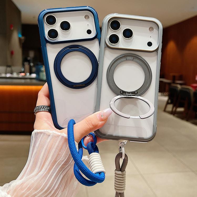 Funda MagSafe para Samsung Galaxy S25+ / S24+ 5G con borde transparente, rotación y correa de muñeca (gris)