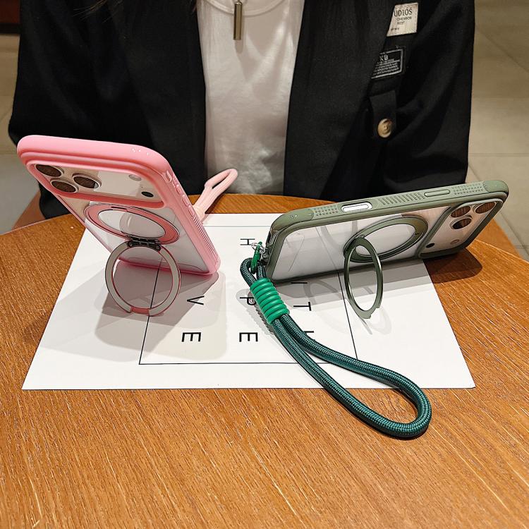 Funda MagSafe transparente con borde liso y soporte giratorio para Samsung Galaxy S25+/S24+ 5G, con correa para la muñeca (verde militar)