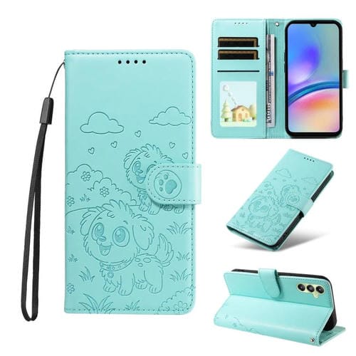 Funda de cuero tipo billetera con bloqueo RFID y diseño de corazón de perro en relieve para Samsung Galaxy A05s (verde)