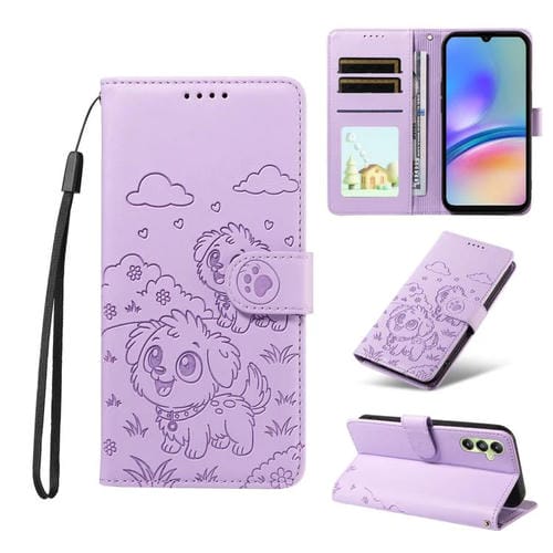 Funda de cuero tipo billetera con bloqueo RFID y diseño de corazón de perro en relieve para Samsung Galaxy A05s (morado)