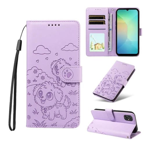 Funda de cuero tipo billetera con bloqueo RFID y diseño de corazón de perro en relieve para Samsung Galaxy A06/A07 (morado)