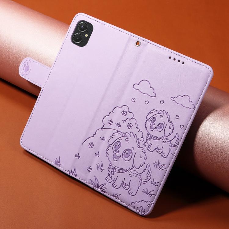 Funda de cuero tipo billetera con bloqueo RFID y diseño de corazón de perro en relieve para Samsung Galaxy A06/A07 (morado)