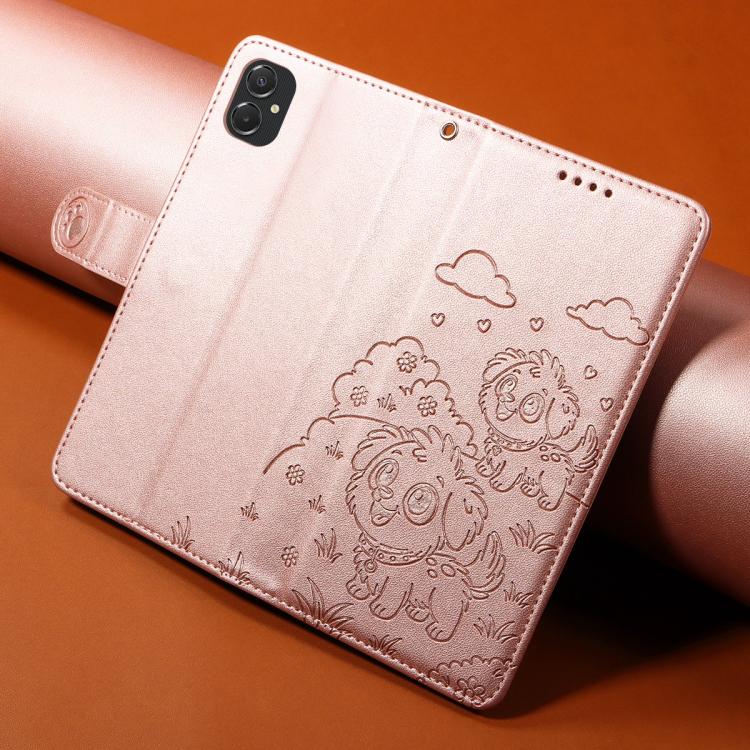 Funda de cuero tipo billetera con bloqueo RFID y diseño de corazón de perro en relieve para Samsung Galaxy A06/A07 (oro rosa)