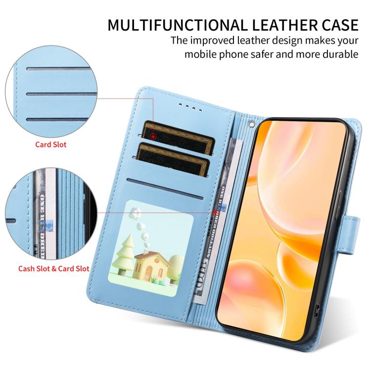 Funda de cuero con bloqueo RFID para Samsung Galaxy A14 4G/5G, con diseño de corazón y perro en relieve (azul cielo)