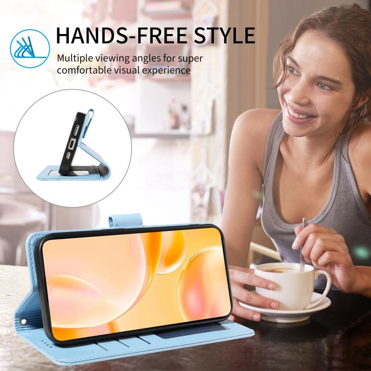 Funda de cuero con bloqueo RFID para Samsung Galaxy A14 4G/5G, con diseño de corazón y perro en relieve (azul cielo)