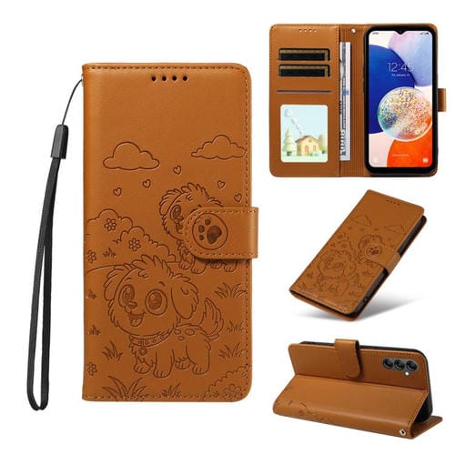 Funda de cuero tipo billetera con bloqueo RFID para Samsung Galaxy A14 4G/5G, con diseño de corazón en relieve y perro (marrón)