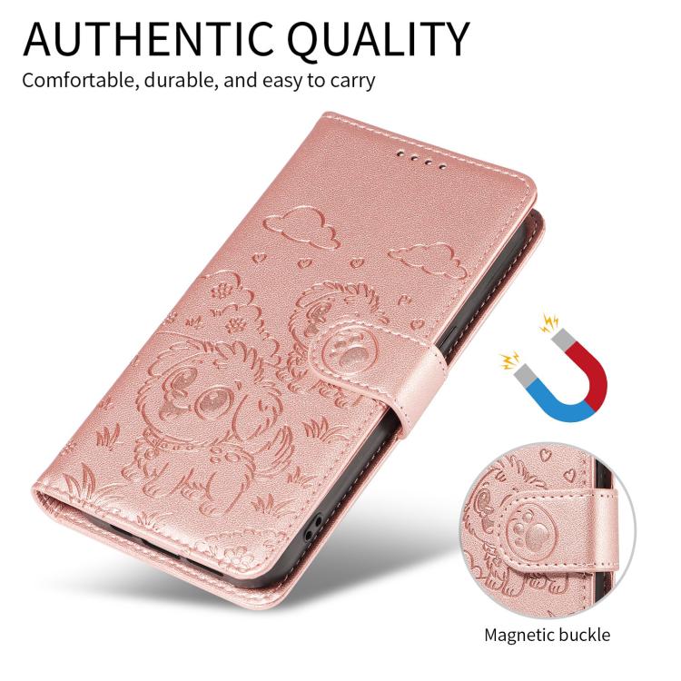 Funda de cuero tipo billetera con bloqueo RFID y diseño de corazón de perro en relieve para Samsung Galaxy A15 4G/5G (oro rosa)
