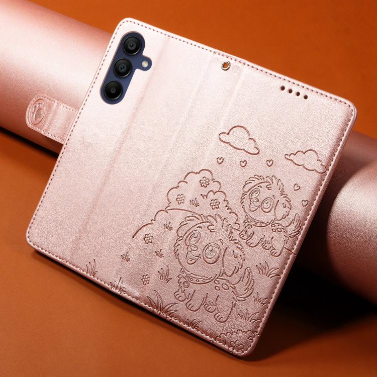 Funda de cuero tipo billetera con bloqueo RFID y diseño de corazón de perro en relieve para Samsung Galaxy A15 4G/5G (oro rosa)