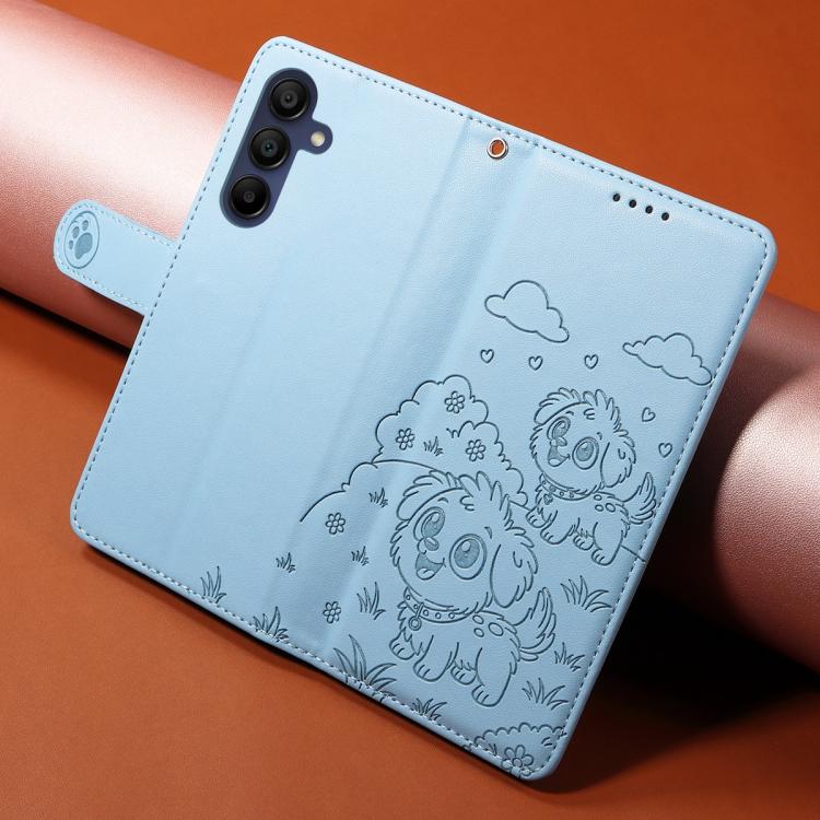 Funda de cuero con bloqueo RFID para Samsung Galaxy A15 4G/5G, con diseño de corazón y perro en relieve (azul cielo)