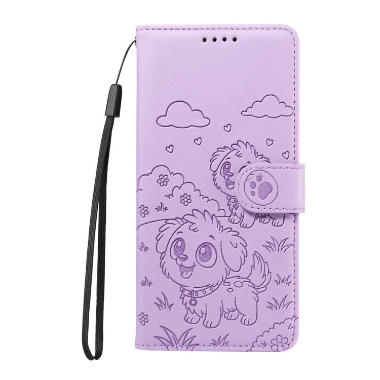 Funda de cuero tipo billetera con bloqueo RFID y diseño de corazón de perro en relieve para Samsung Galaxy A16/A26/A17 (morado)