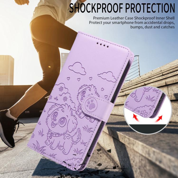 Funda de cuero tipo billetera con bloqueo RFID y diseño de corazón de perro en relieve para Samsung Galaxy A16/A26/A17 (morado)