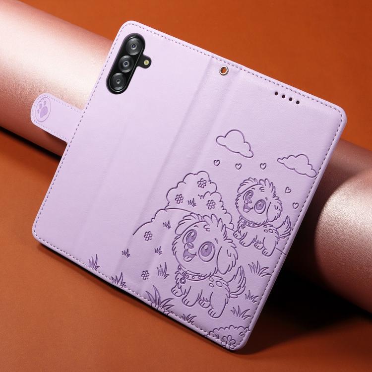 Funda de cuero tipo billetera con bloqueo RFID y diseño de corazón de perro en relieve para Samsung Galaxy A16/A26/A17 (morado)