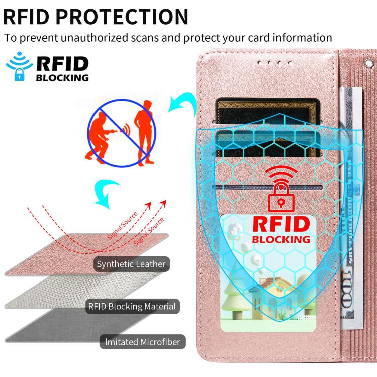 Funda de cuero tipo billetera con bloqueo RFID y diseño de corazón de perro en relieve para Samsung Galaxy A23 4G/5G (oro rosa)