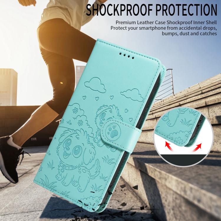 Funda de cuero con bloqueo RFID para Samsung Galaxy A25 5G, con diseño de corazón y perro en relieve (verde)