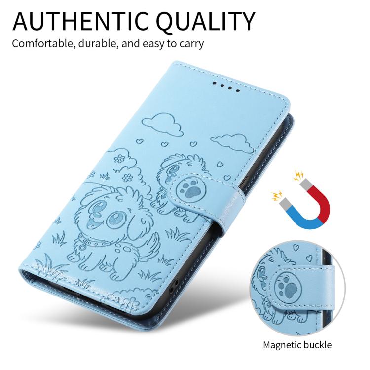 Funda de cuero con bloqueo RFID para Samsung Galaxy A25 5G, con diseño de corazón y perro en relieve (azul cielo)