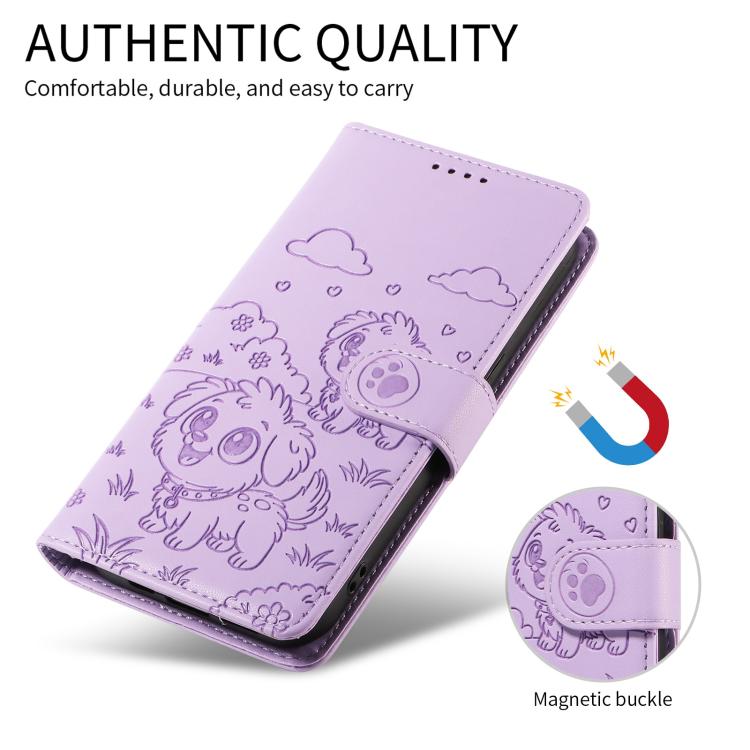 Funda de cuero tipo billetera con bloqueo RFID y diseño de corazón de perro en relieve para Samsung Galaxy A33 5G (morado)