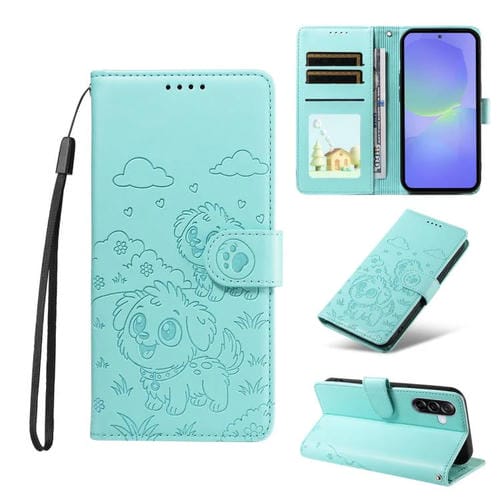 Funda de cuero tipo billetera con bloqueo RFID para Samsung Galaxy A36 5G, con diseño de corazón y perro en relieve (verde)