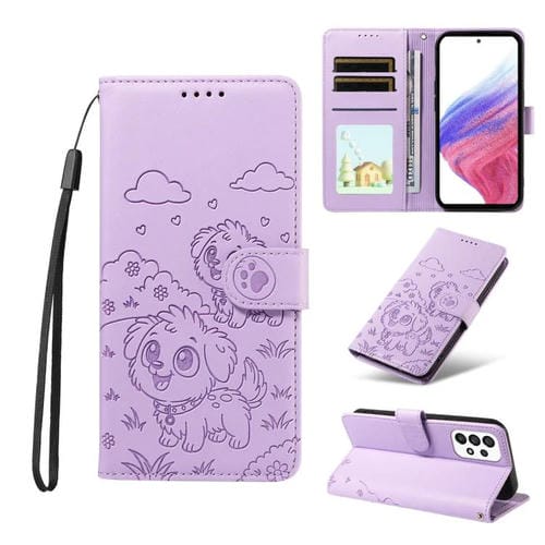 Funda de cuero tipo billetera con bloqueo RFID y diseño de corazón de perro en relieve para Samsung Galaxy A53 5G (morado)